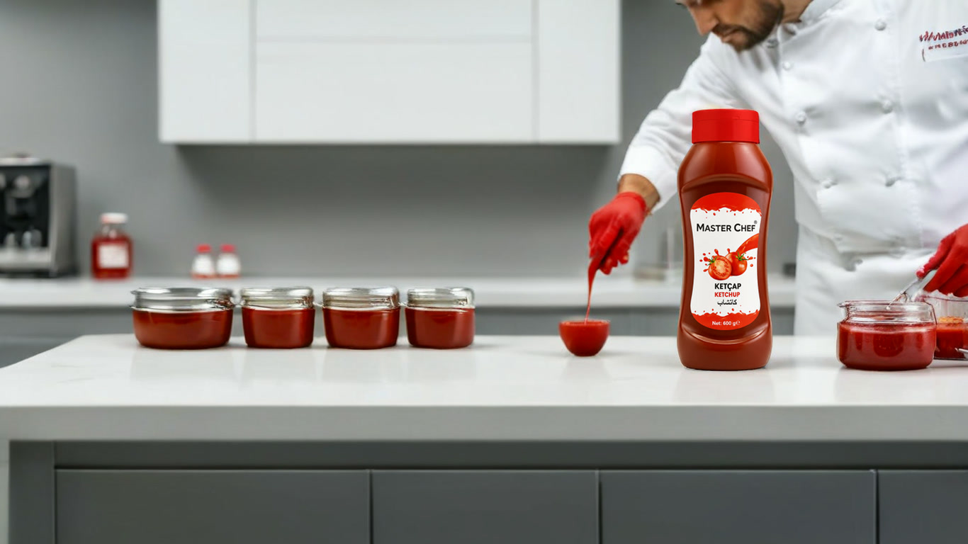 Profesyonel mutfakta MasterChef Ketçap 600 g ile porsiyonlama hazırlığı