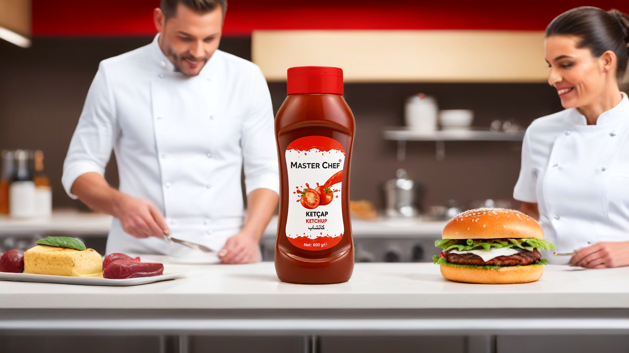 Farklı mutfak çalışanlarının yanında MasterChef Ketçap 600 g ve burger servisi