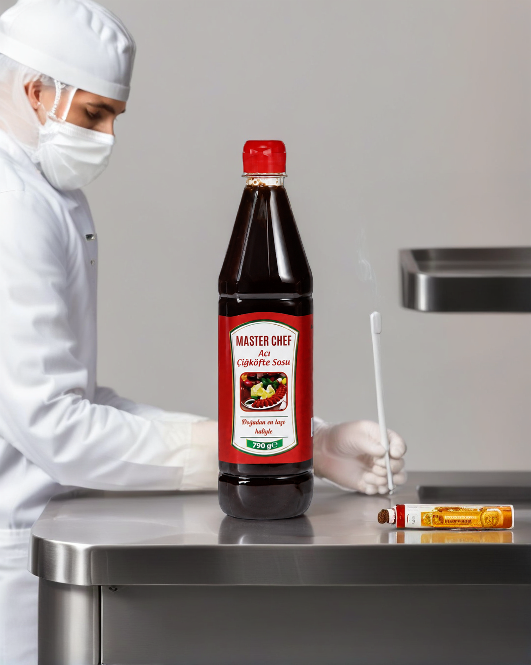 MasterChef Acı Çiğköfte Sosu 790 g etiket ve kapak kontrolü yapan kalite çalışanı