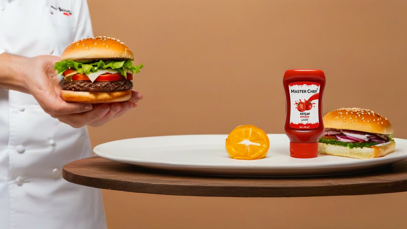 Şefin elinde burger ve MasterChef Ketçap 350 g ürünü